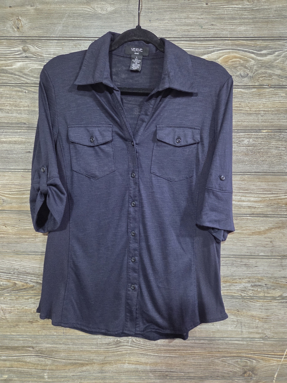 Verve Ami Women's Large Navy Button Down  Roll Tab Blouse